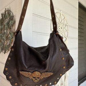 Vintage Leatherock Dark Brown Hobo Bag with Gold rivets and grommets